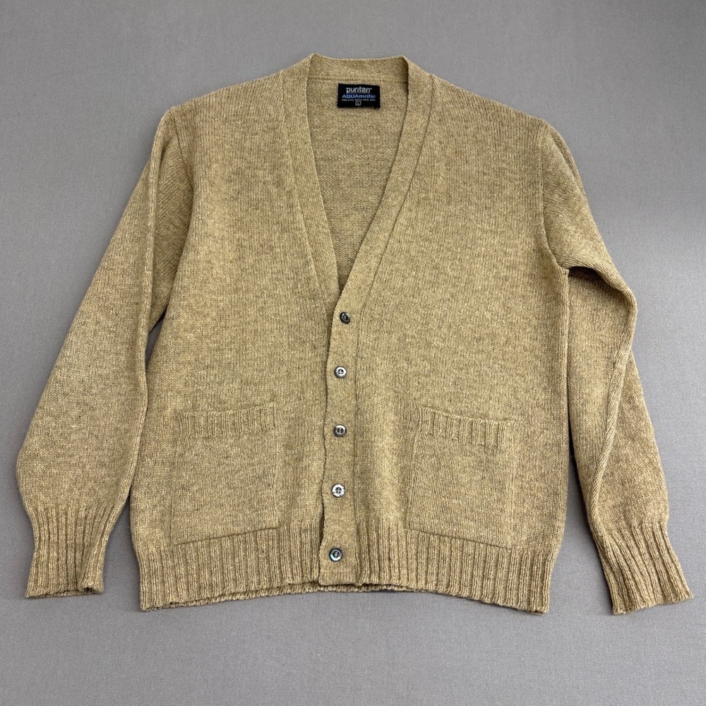Puritan Sportswear Aquamatic Tan Marl Knit Button Front Cardigan Sweater Mens L